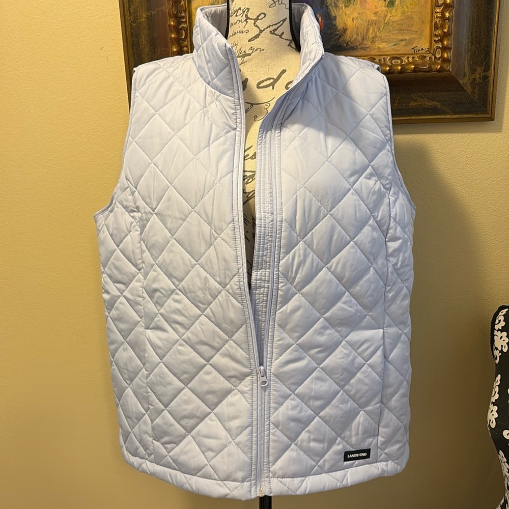 Land’s End Quilted Soft Periwinkle Unisex High Neck Puffer Vest + pockets NWOT